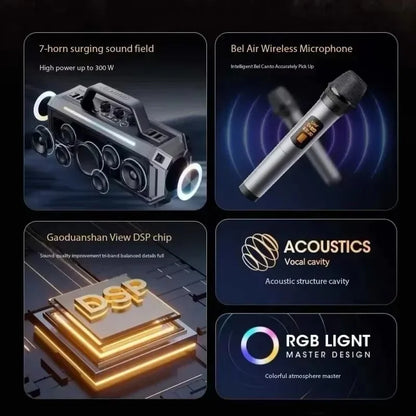 300W Bluetooth Karaoke Machine with Two Mics and LED Party Lights