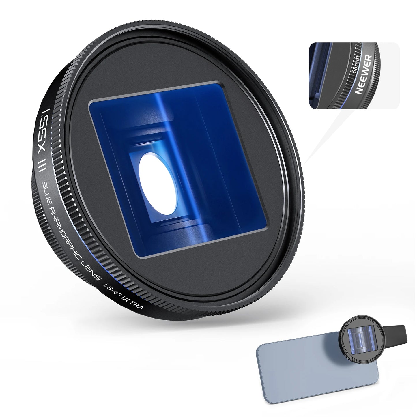 1.55x Blue Anamorphic Phone Lens with 17mm Clip