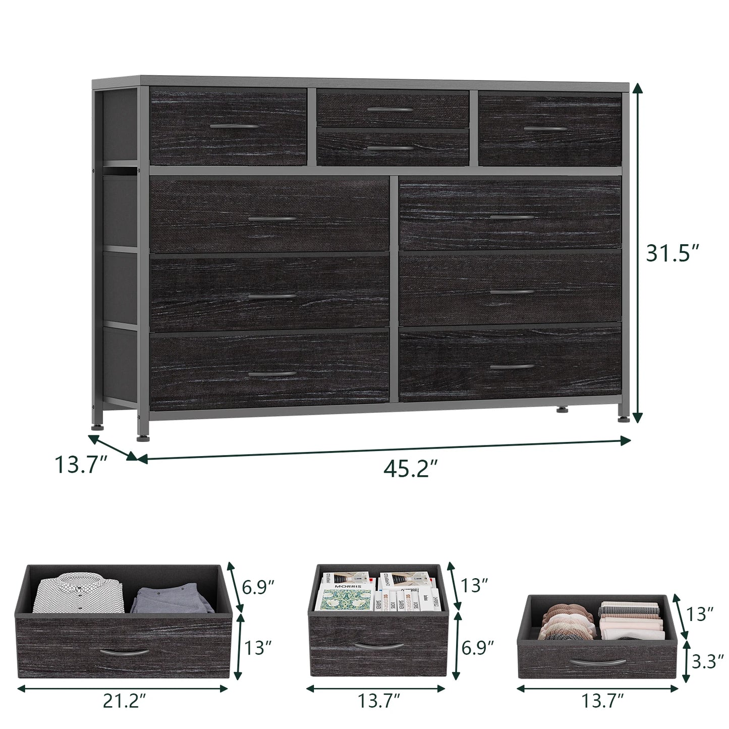 Modern 10 Drawer Fabric Dresser Organiser Black