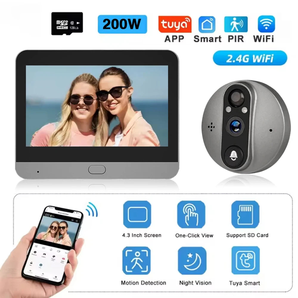 Wireless Peephole Camera Doorbell 4.3" Screen with 128GB