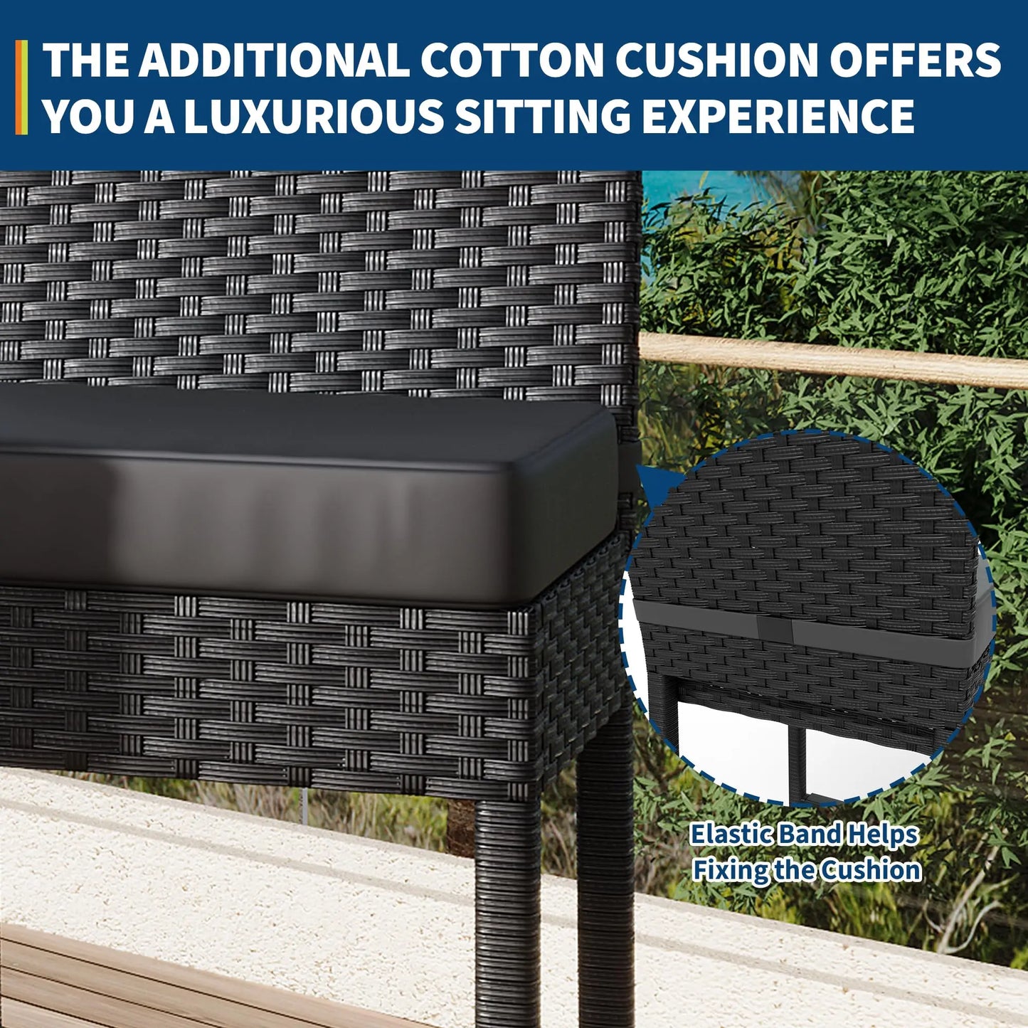 Patio Rattan Bar Height Stools with Cushions Beige