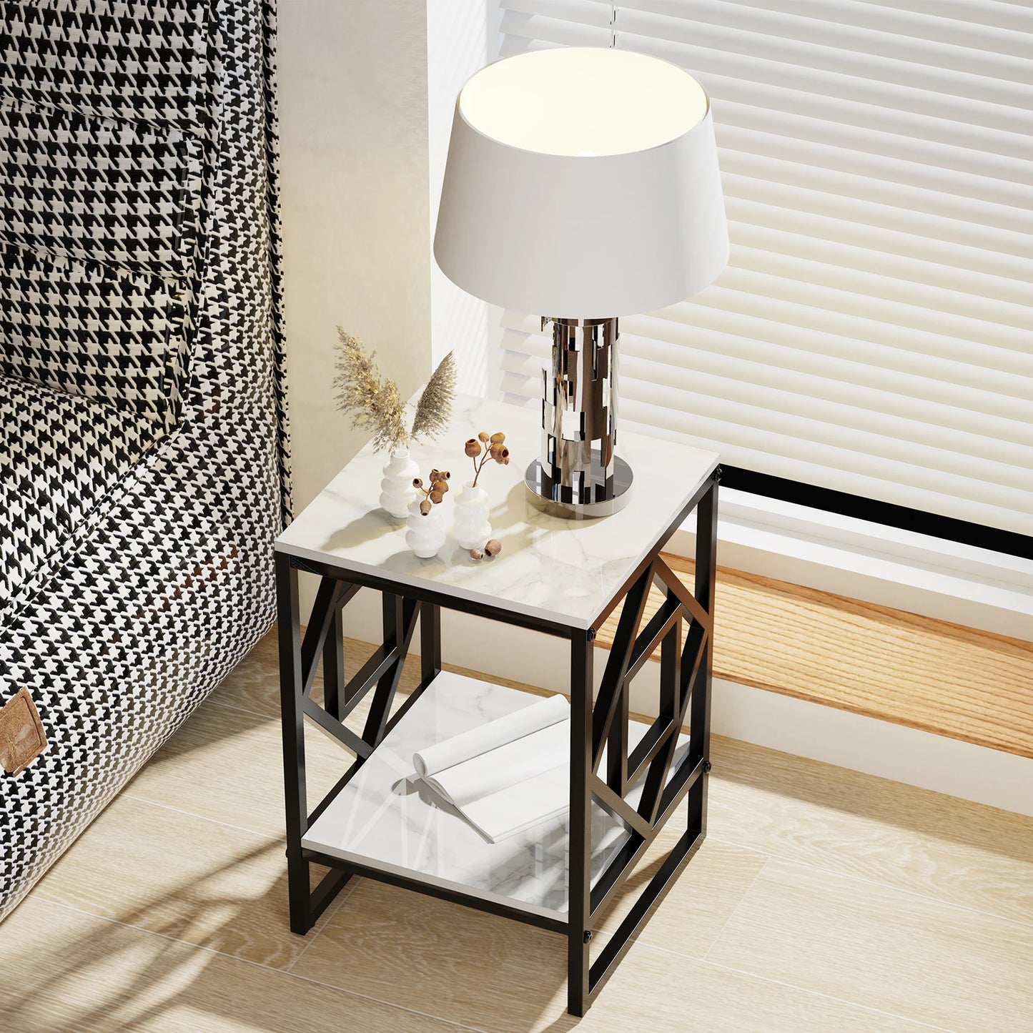 Modern White Marble Side Table with Durable Black Frame
