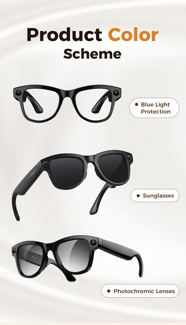 Black Smart Glasses Blue Light 3600mAh Camera