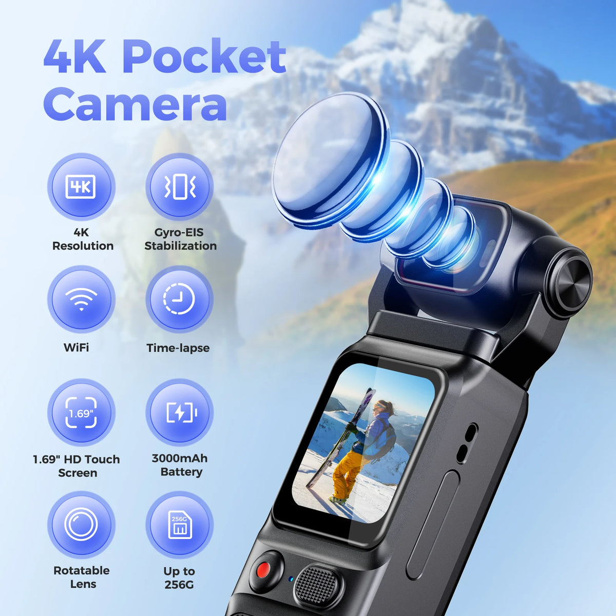 4K Touchscreen Pocket Camera with Stand and 128GB Card