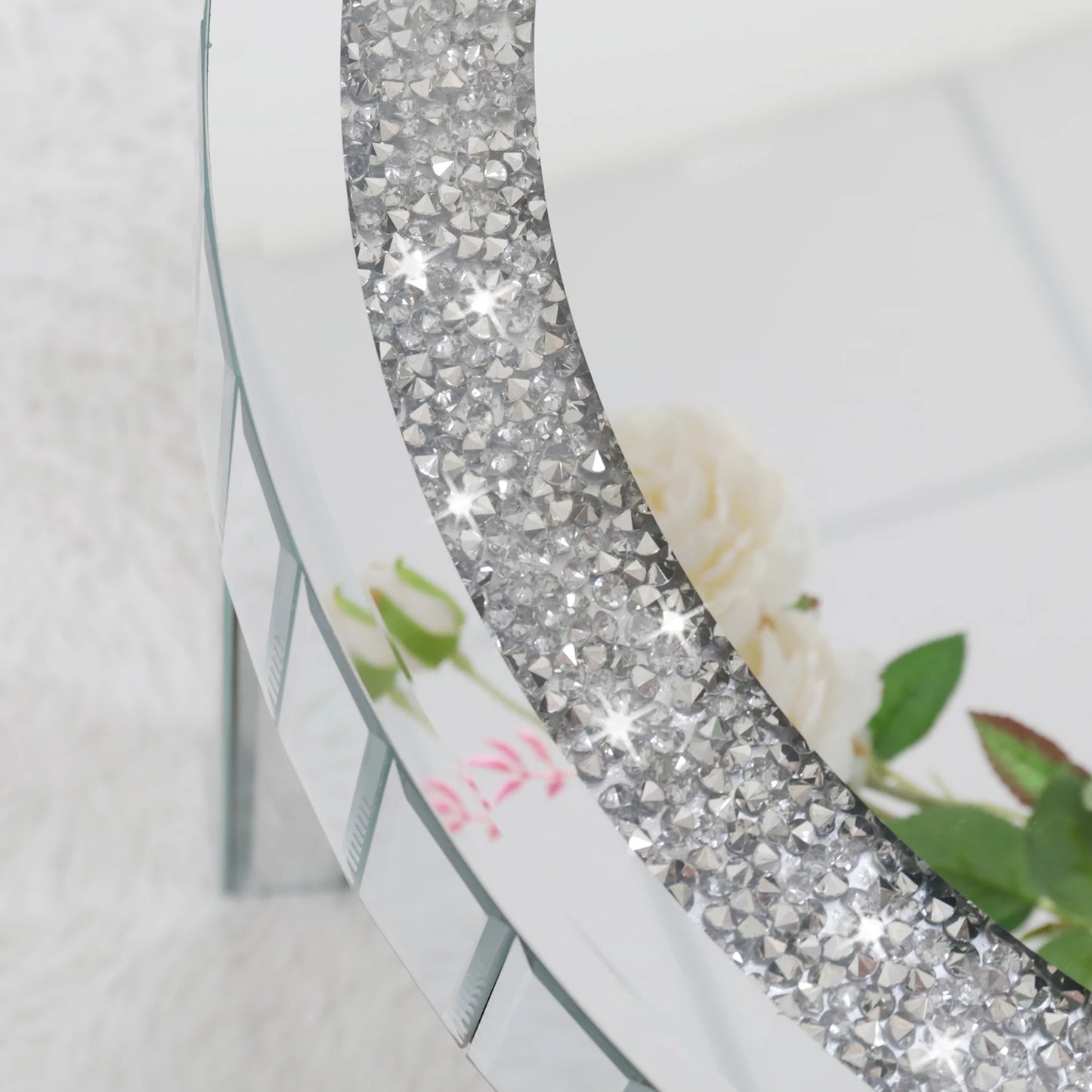 Round Mirrored Bedside Table Crystal Diamond Accent Side Table