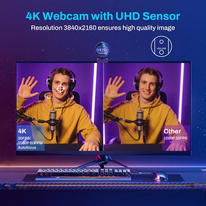 4K USB Webcam with Autofocus and Dual Microphones