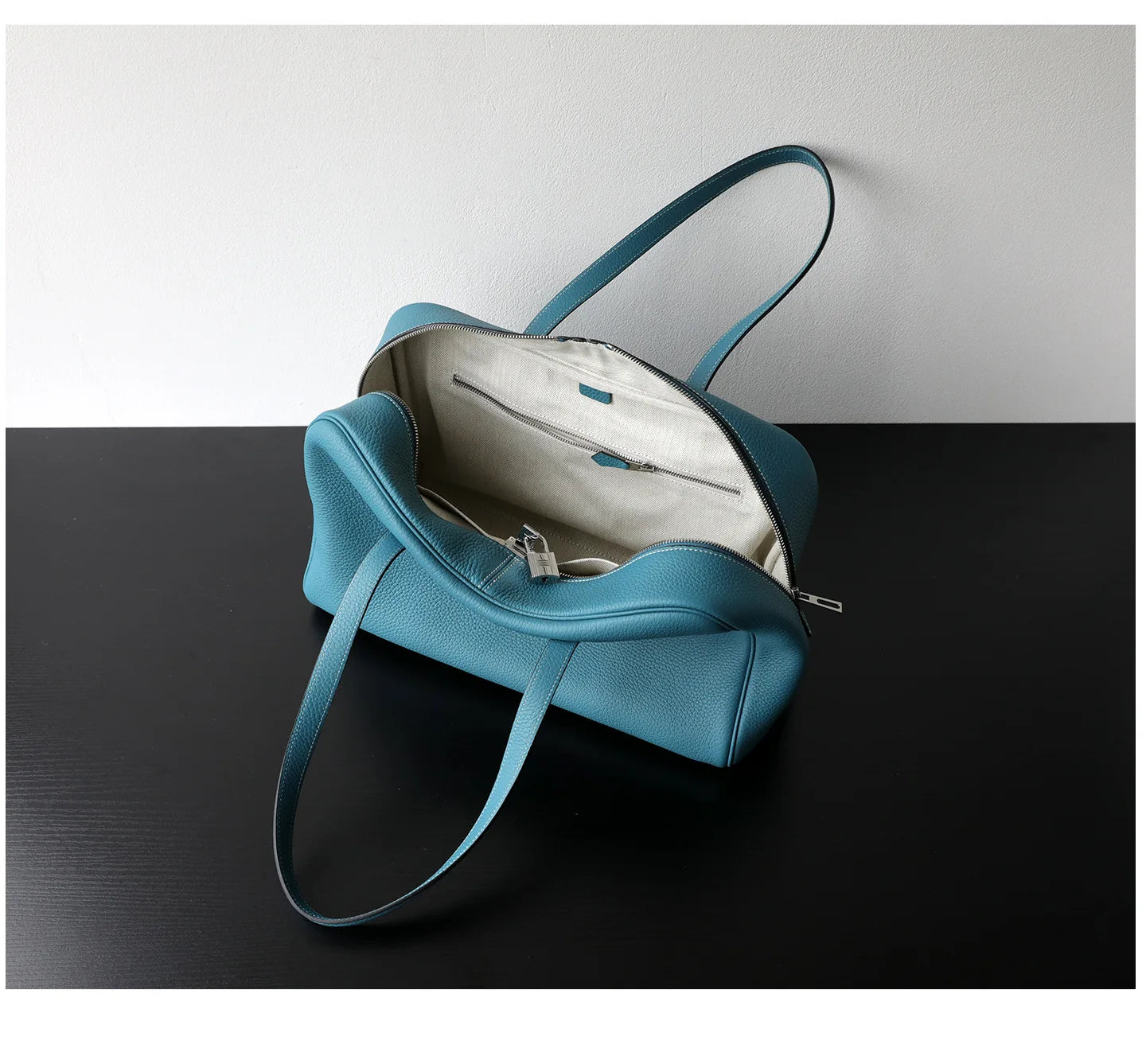 Large Leather Bowling Handbag Laptop Tote Work Bag Blue