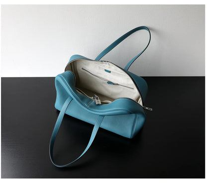 Large Leather Bowling Handbag Laptop Tote Work Bag Blue