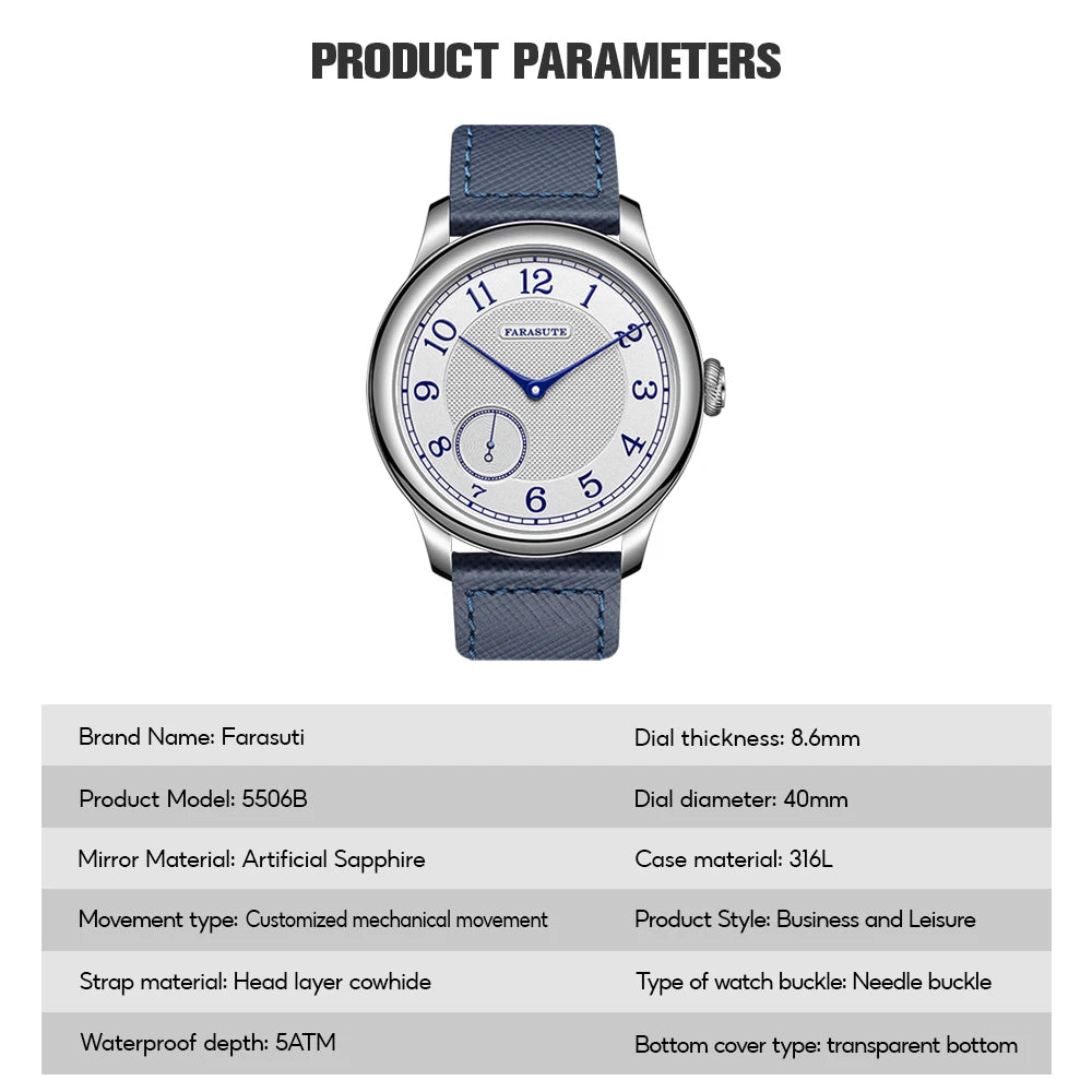Blue Manual Mechanical Vintage Watch  Small Seconds
