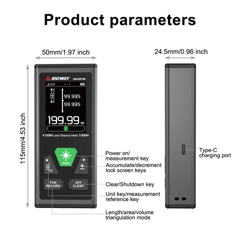 100M Green Laser Distance Measure with Digital Display