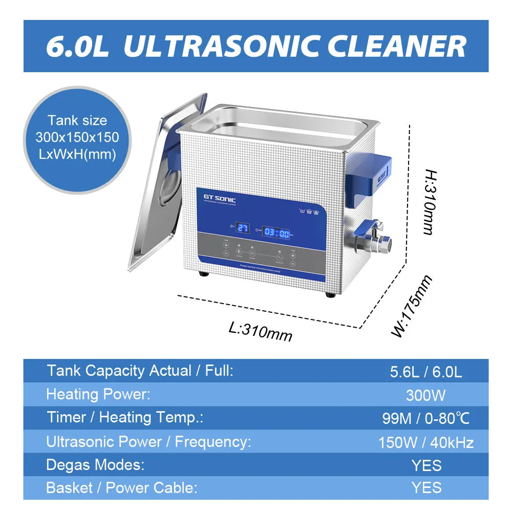600W 6L Ultrasonic Bath Cleaner for Jewelry & Tools