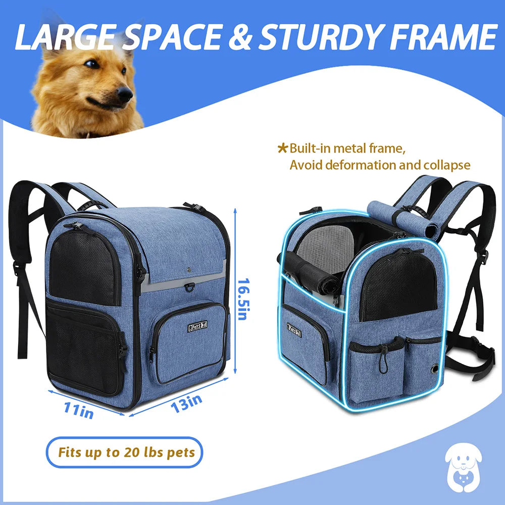 Pet Carrier Bag Foldable Double Shoulder Travel Backpack Blue