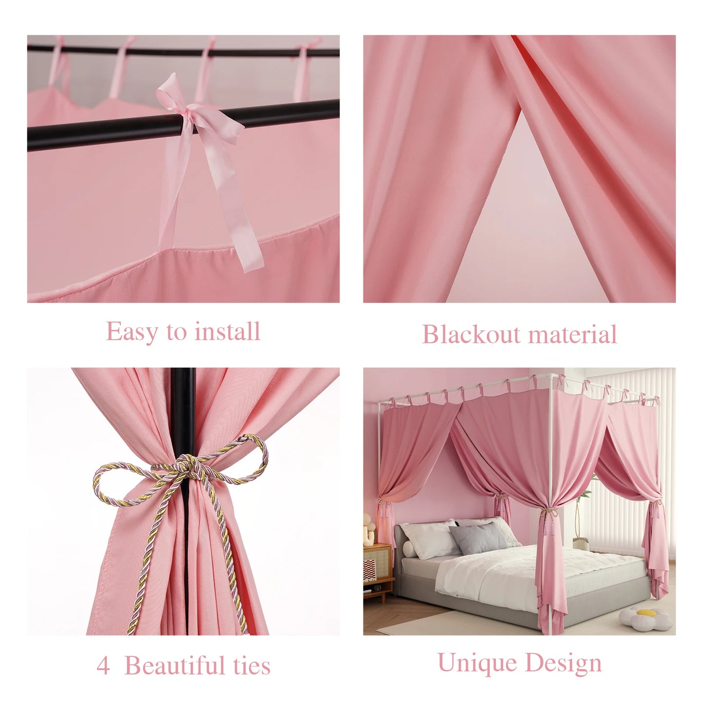 Blackout Canopy Bed Curtains with Top Ties Windproof Design