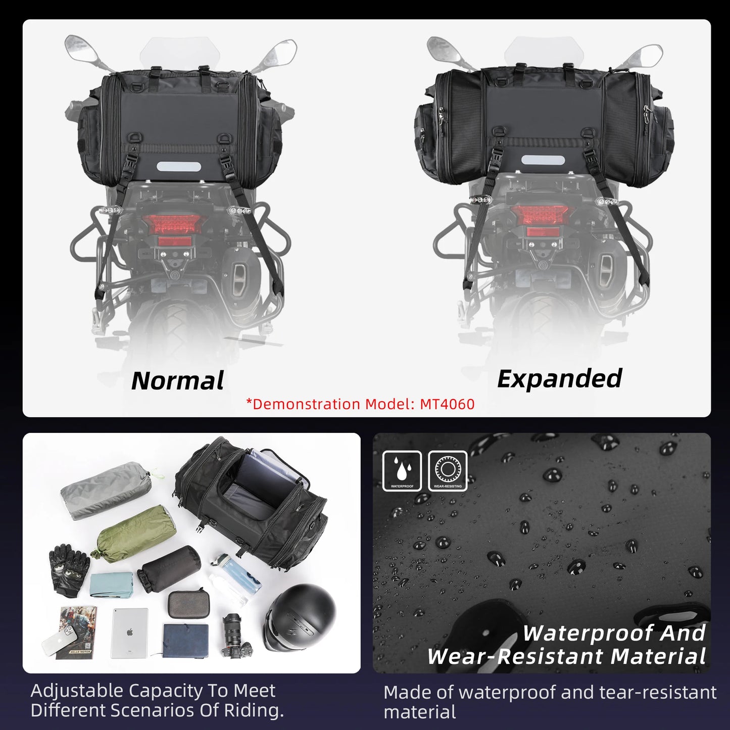 Waterproof Motorcycle Rear Seat Bag Expandable 19L to 45L