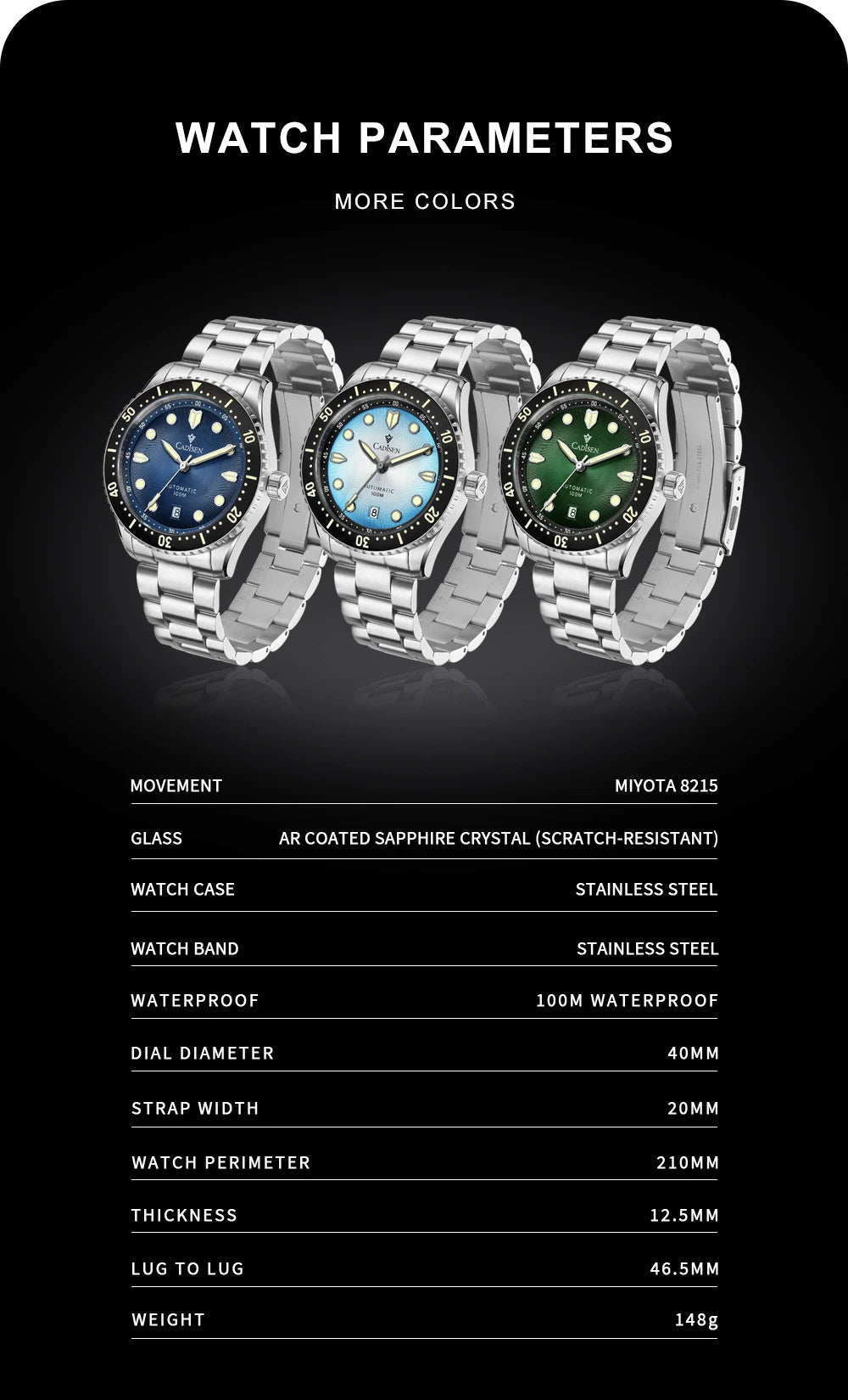 Men’s Automatic Watch Sapphire Crystal 100M Waterproof Green