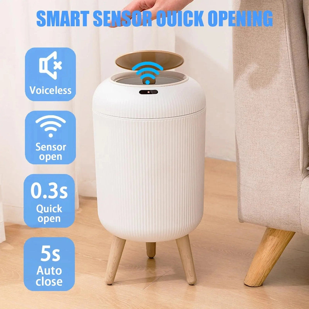 Trash Can - Automatic Motion Sensor, Small Plastic Smart Waste Bin with Lid for Bedroom, Bathroom, Kitchen, Office (White, With Feet)