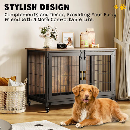 37.5" Wooden Dog Crate Furniture with Wheels
