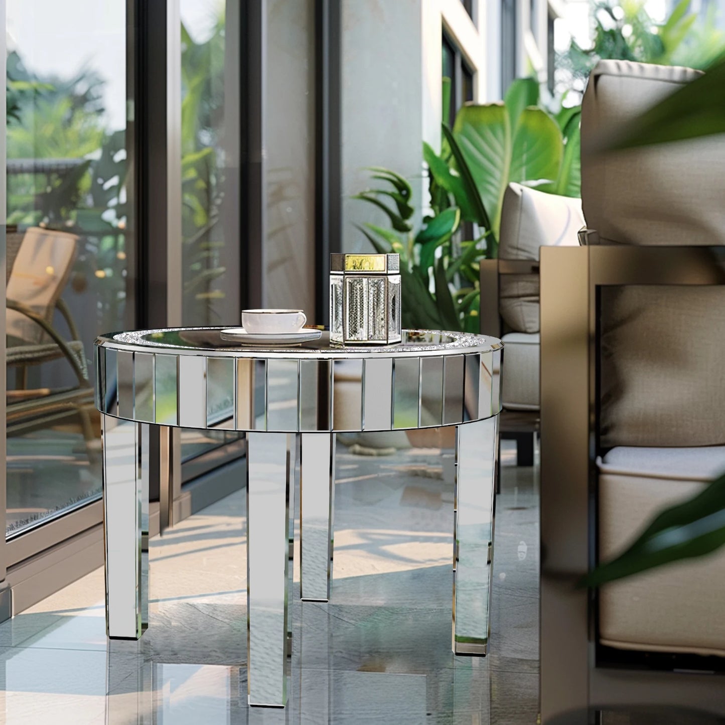 Round Mirrored Bedside Table Crystal Diamond Accent Side Table