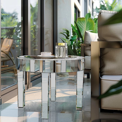 Round Mirrored Bedside Table Crystal Diamond Accent Side Table