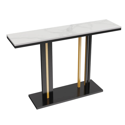 Narrow Stone Top Console Table with Pedestal Base