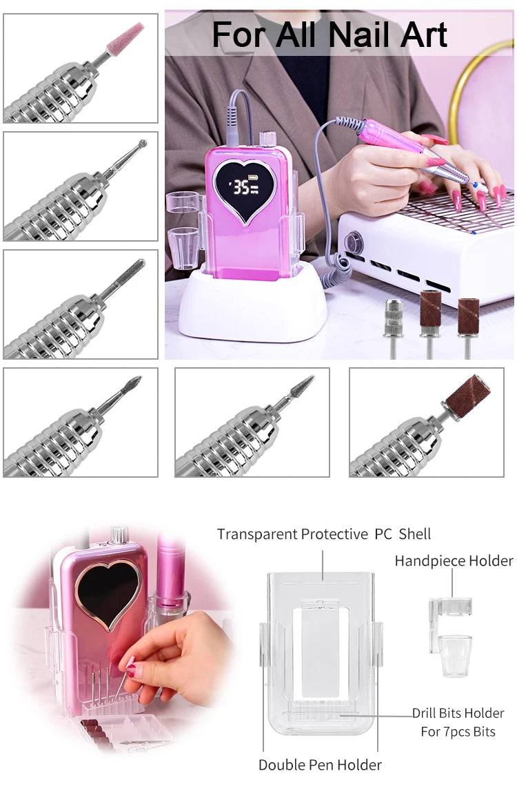 Electric Nail Drill 35000RPM Acrylic File Heart Screen