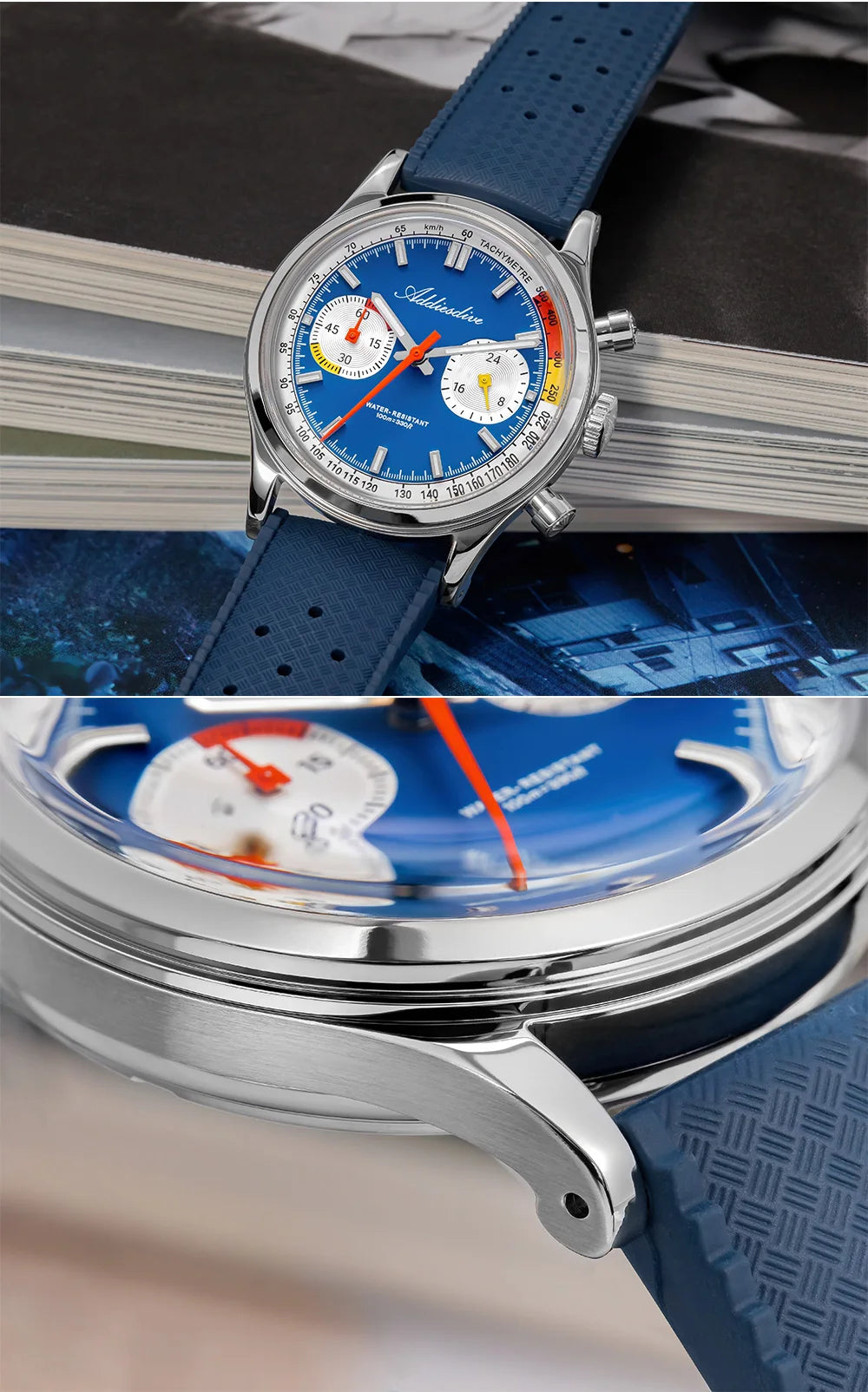 Men’s 38mm Waterproof Chronograph Watch Domed Glass Blue