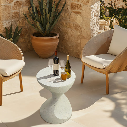 White Accent Table with Hourglass Shape for Indoor Outdoor Use