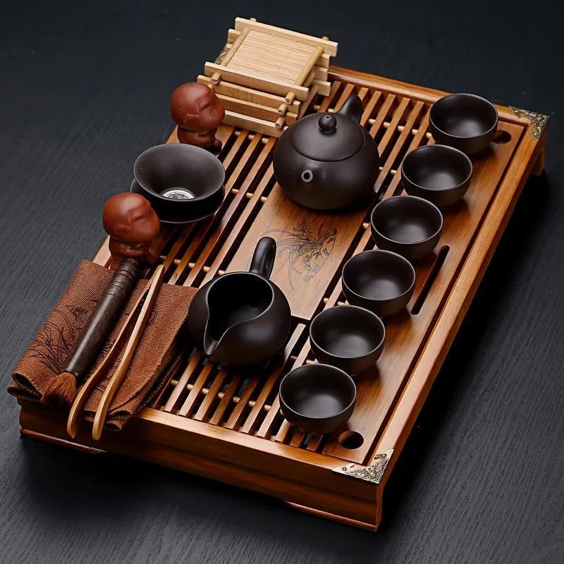 Dark Brown Ceramic Tea Set with Wooden Tray