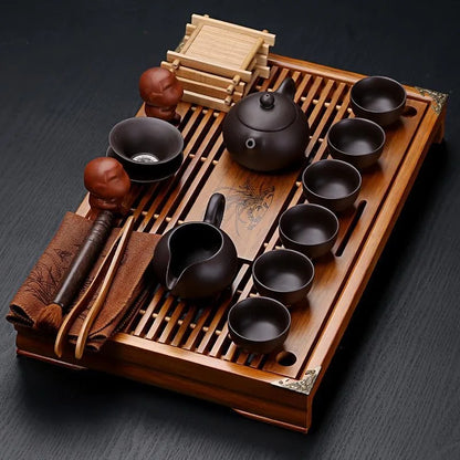 Dark Brown Ceramic Tea Set with Wooden Tray