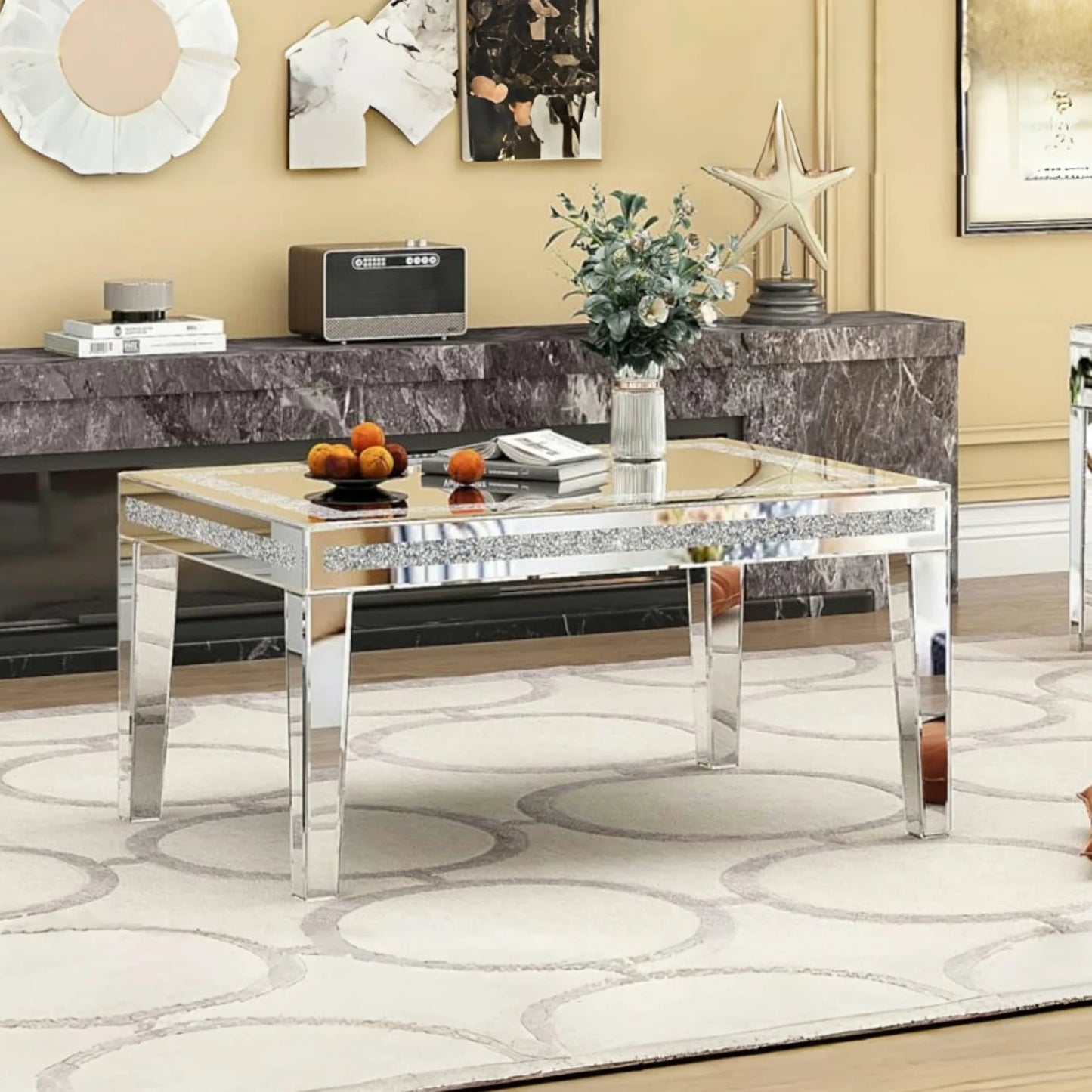 Modern Mirrored Coffee Table 120cm Crushed Crystal Centre Table