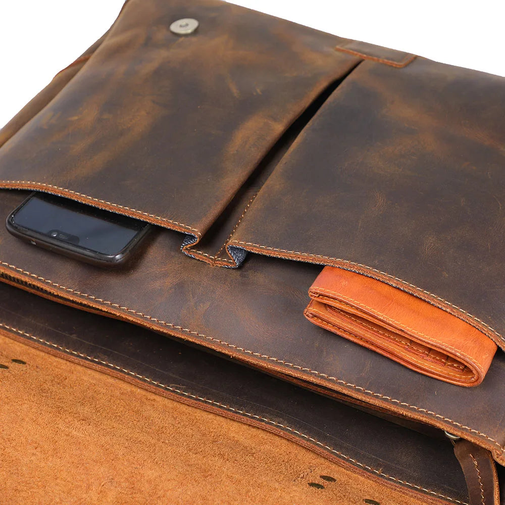 14" Dark Brown Leather Laptop Messenger Bag