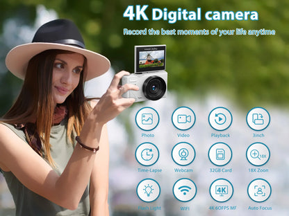 Compact 4K Digital Camera 64MP 18X 32GB Black