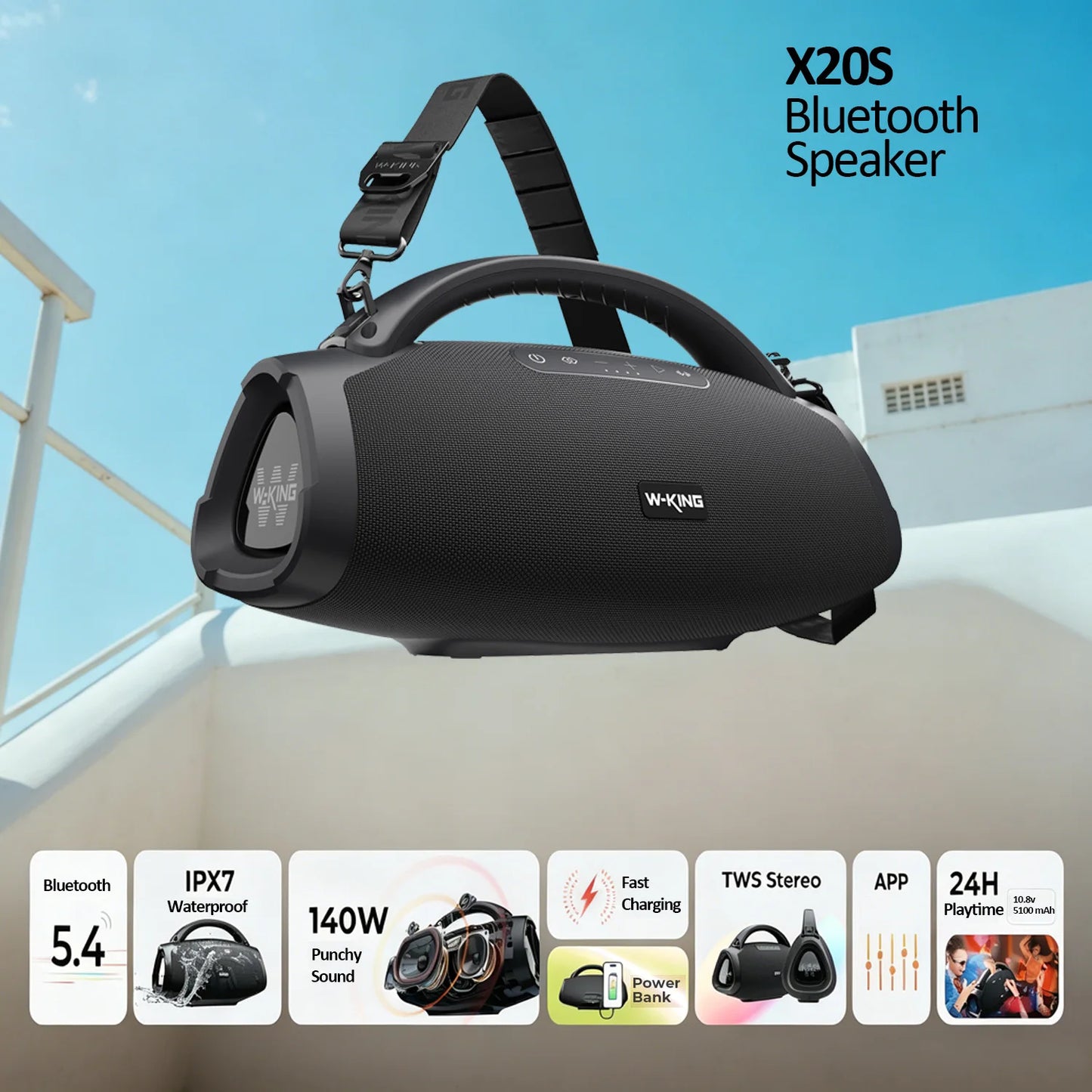140W Portable Bluetooth 5.4 Waterproof Party Speaker with Massive Bass