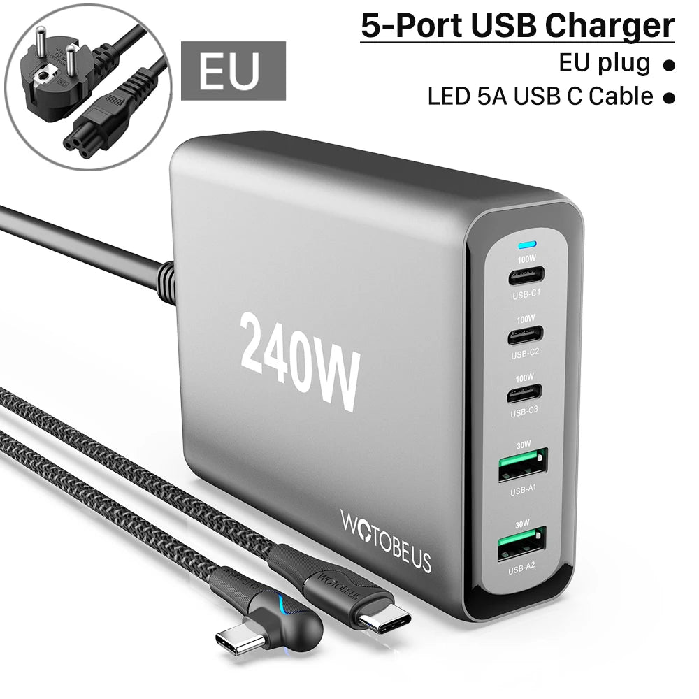 240W GaN 5-Port USB C Fast Charger with 5A Cable