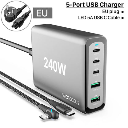 240W GaN 5-Port USB C Fast Charger with 5A Cable