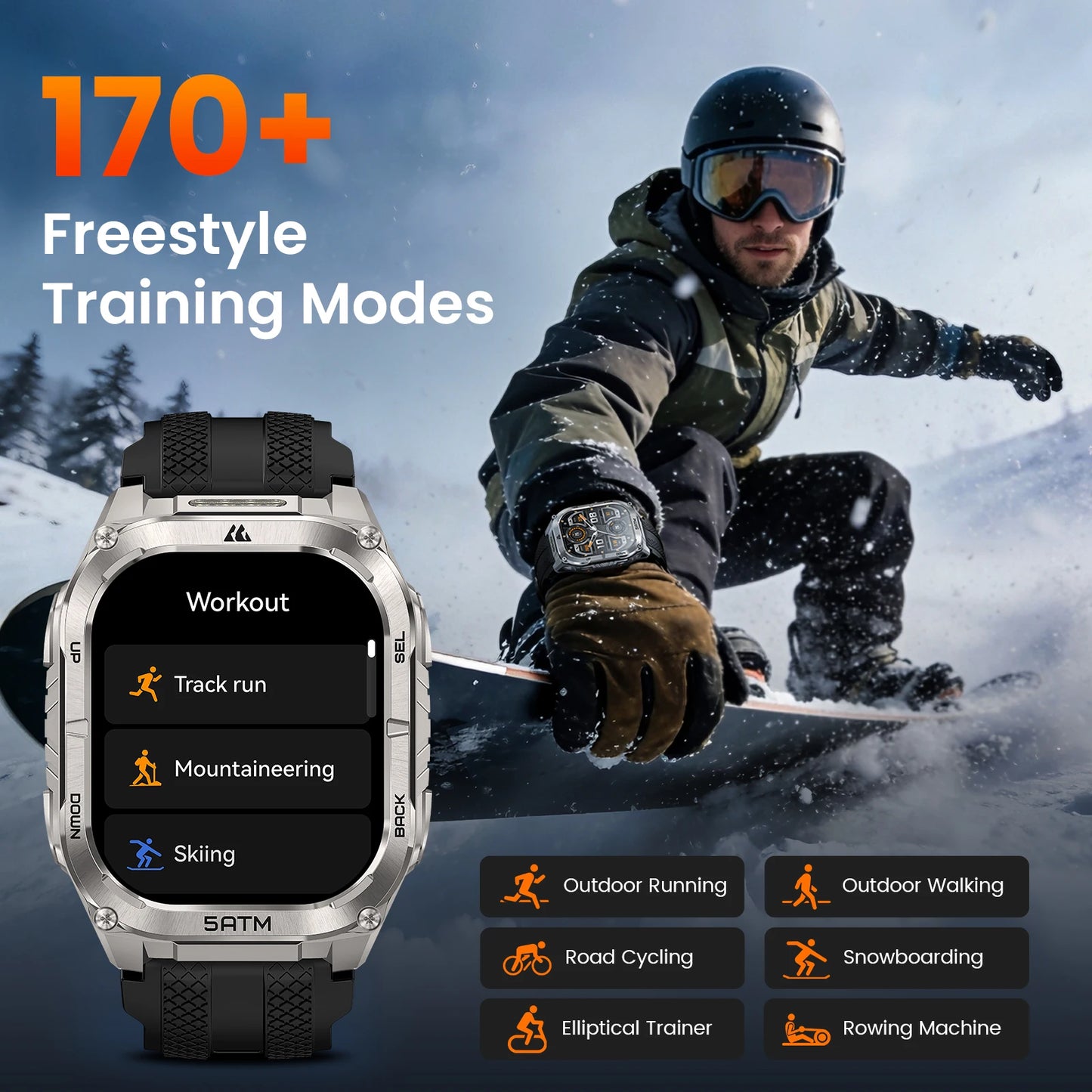 Rugged Smartwatch Black GPS Flashlight 50M Waterproof