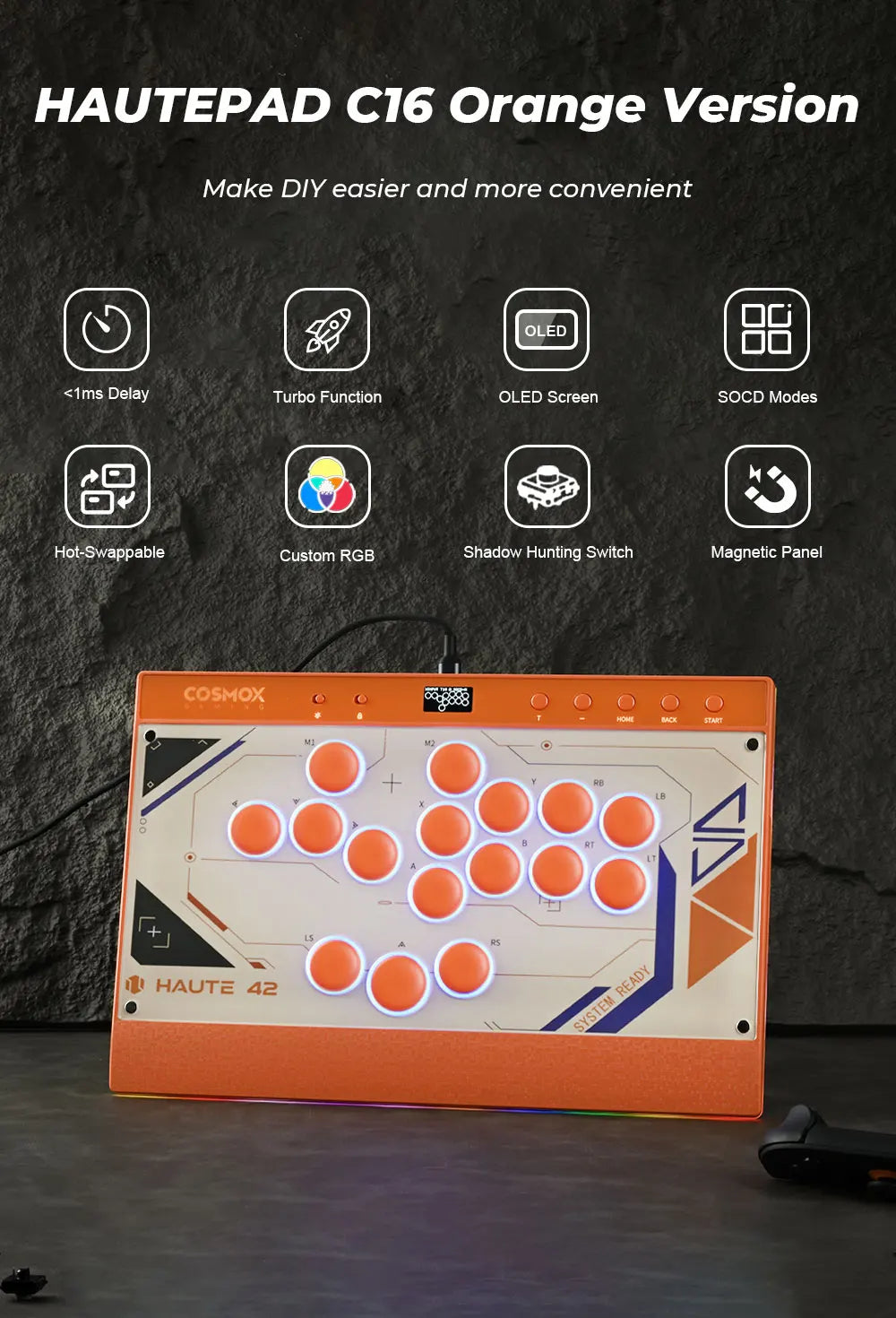 Orange Magnetic Leverless Arcade Controller for PC PS4 PS5