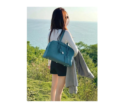 Large Leather Bowling Handbag Laptop Tote Work Bag Blue