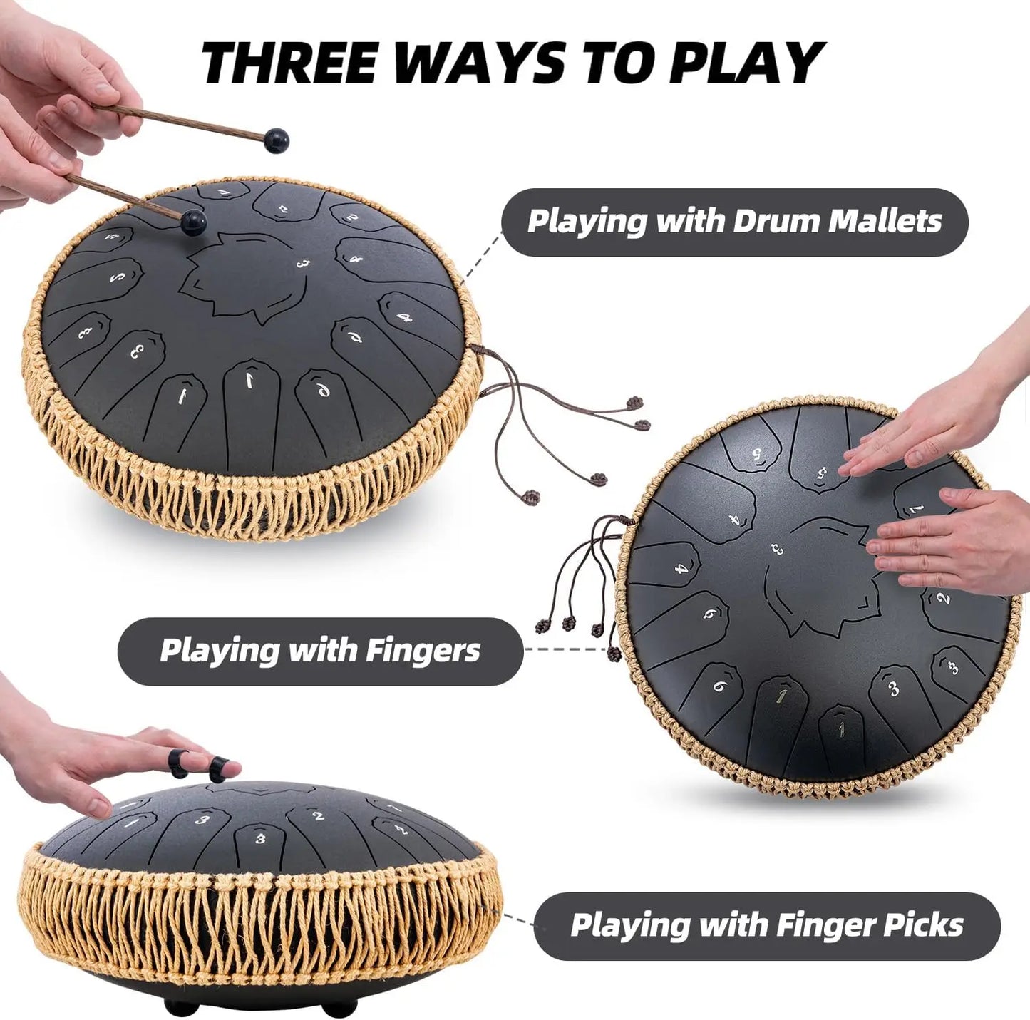 Handpan Style Black Steel Tongue Drum 13 Inch 15 Note