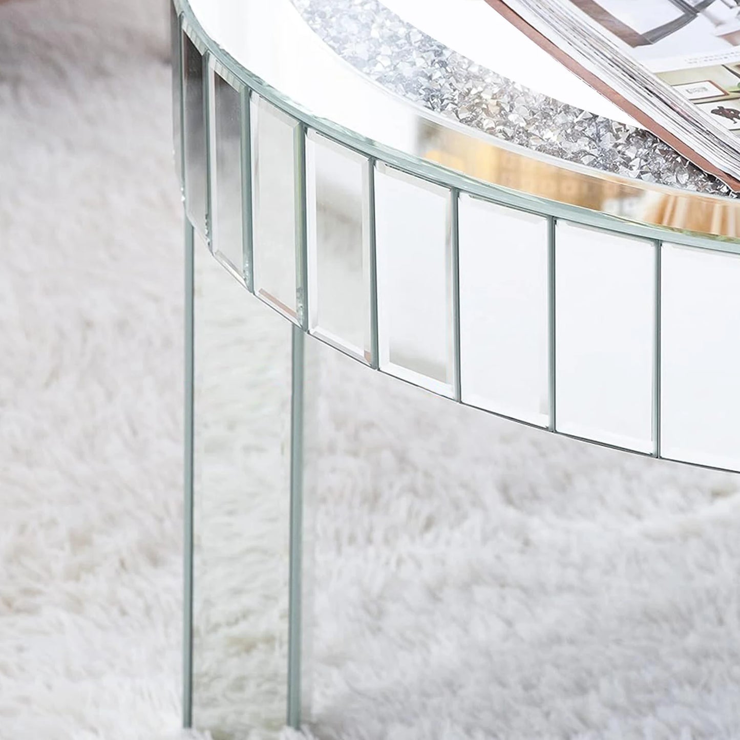Round Mirrored Bedside Table Crystal Diamond Accent Side Table