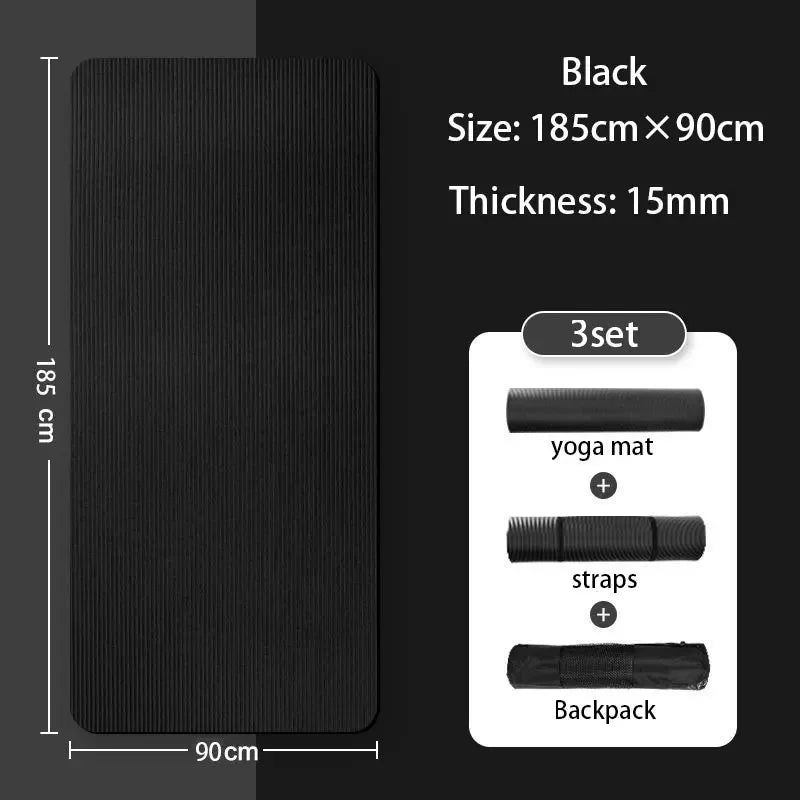 Thickened 185x90cm Black Yoga Mat Non-Slip High Density