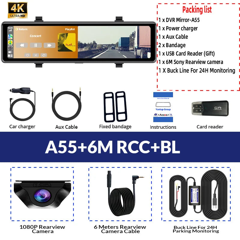 12 Smart 4K Dash Cam Mirror Rear Camera