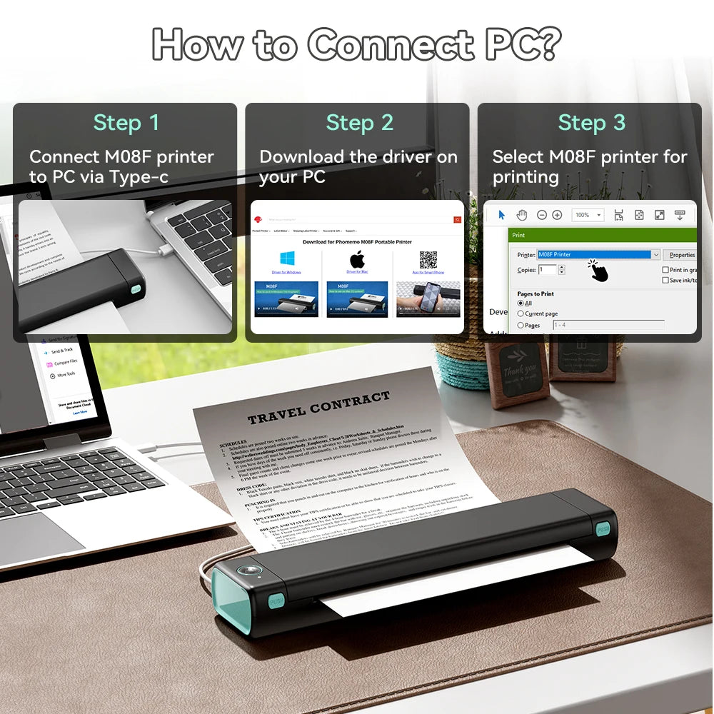 Portable A4 Thermal Printer Wireless Bluetooth for Phone & PC