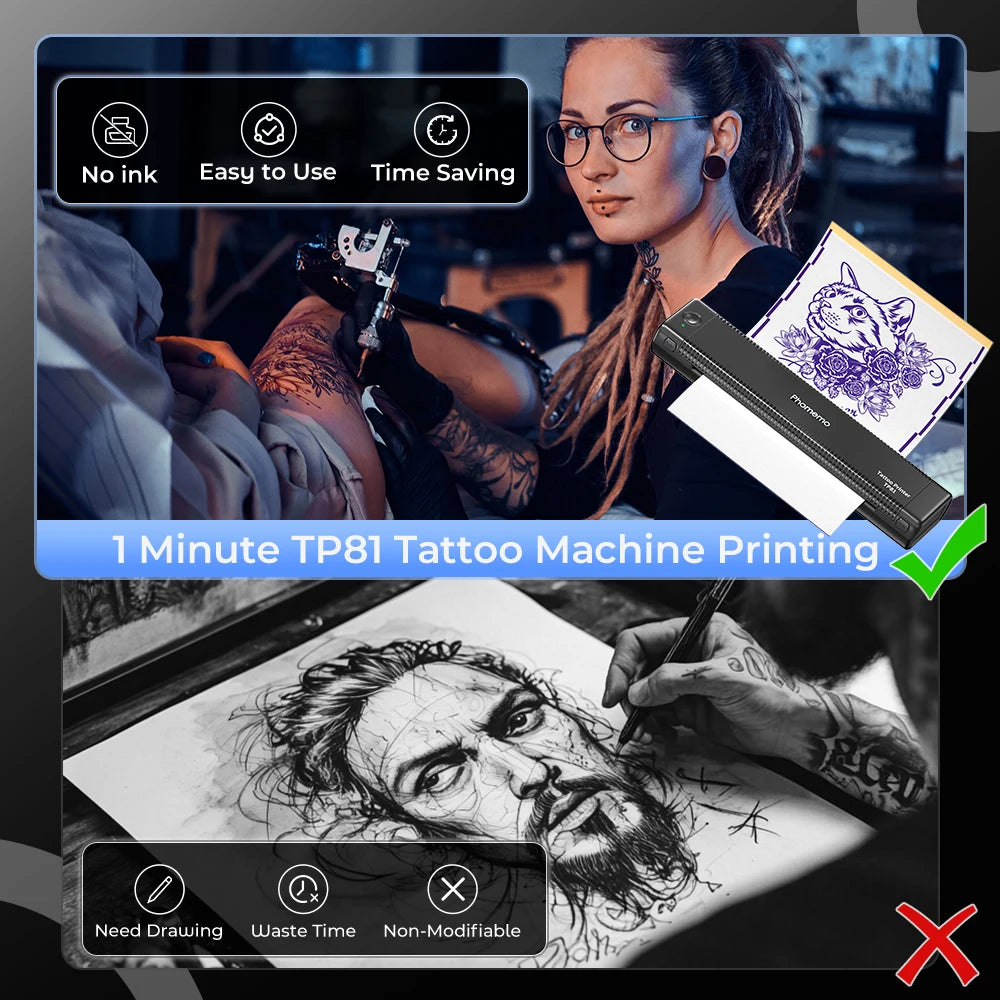 Black 2025 Wireless Tattoo Stencil Printer with Transfer Paper