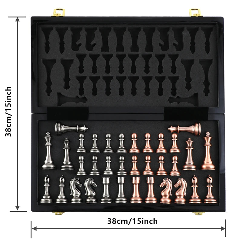 15-Inch Luxury Metal Chess Set with Folding Board