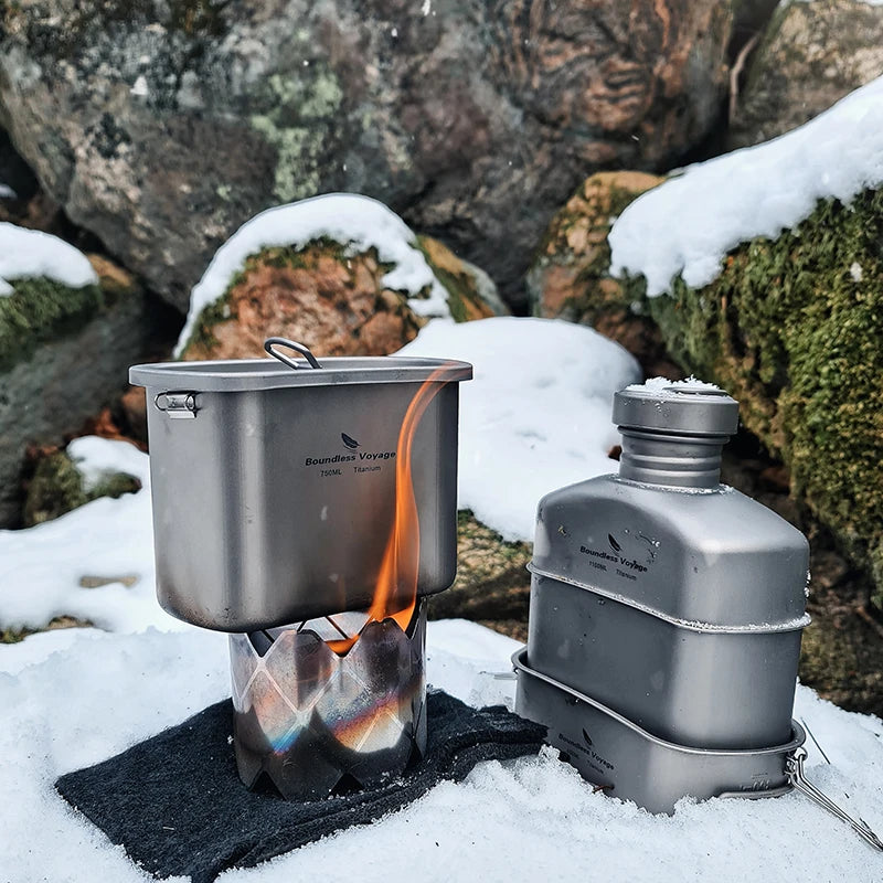 Titanium Camping Cookware Set 1100ml Bottle 750ml Pot 400ml Bowl