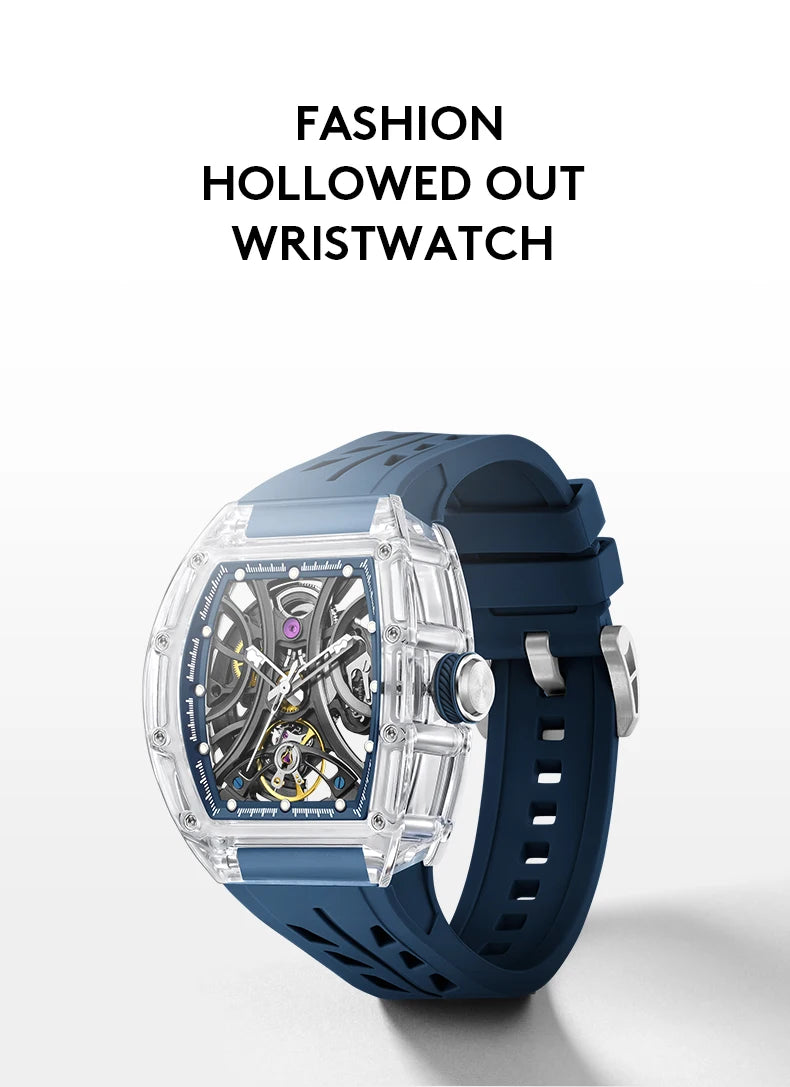 Sport Automatic Watch Blue Tonneau Dial Silicone Strap
