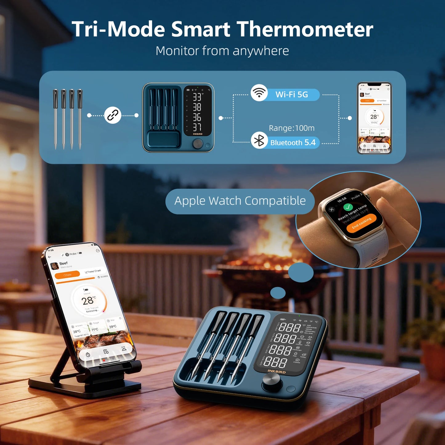 Smart WiFi Bluetooth Meat Thermometer with 4 Waterproof Probes