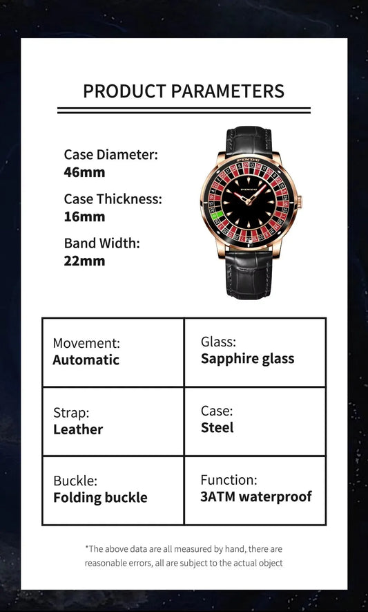 Luxury Automatic Watch Rotating Casino Dial Gold