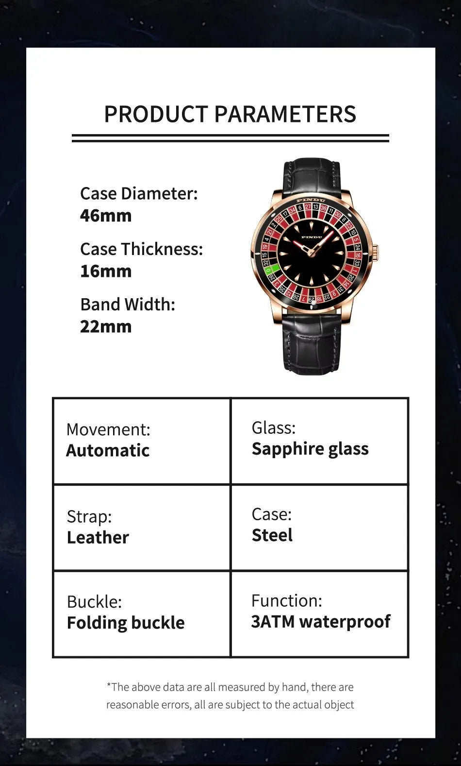 Self-Winding Mens Watch Roulette Dial Stainless Black